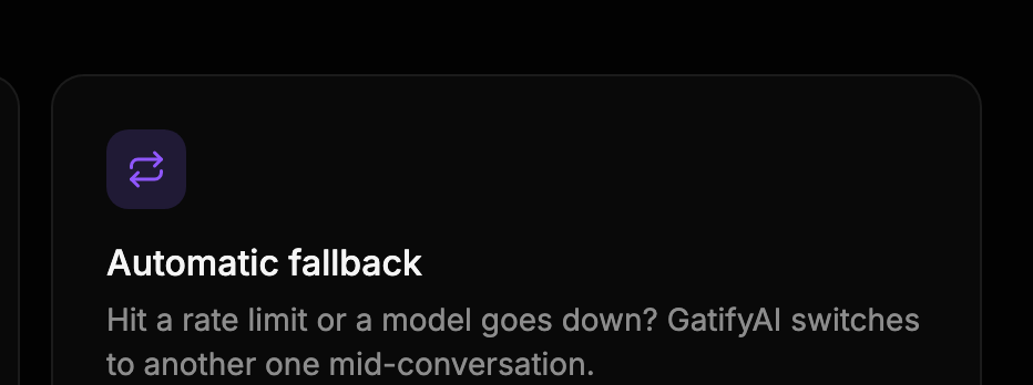 Close-up of GatifyAI's "Automatic fallback" feature card — hit a rate limit or a model goes down, GatifyAI switches to another one mid-conversation