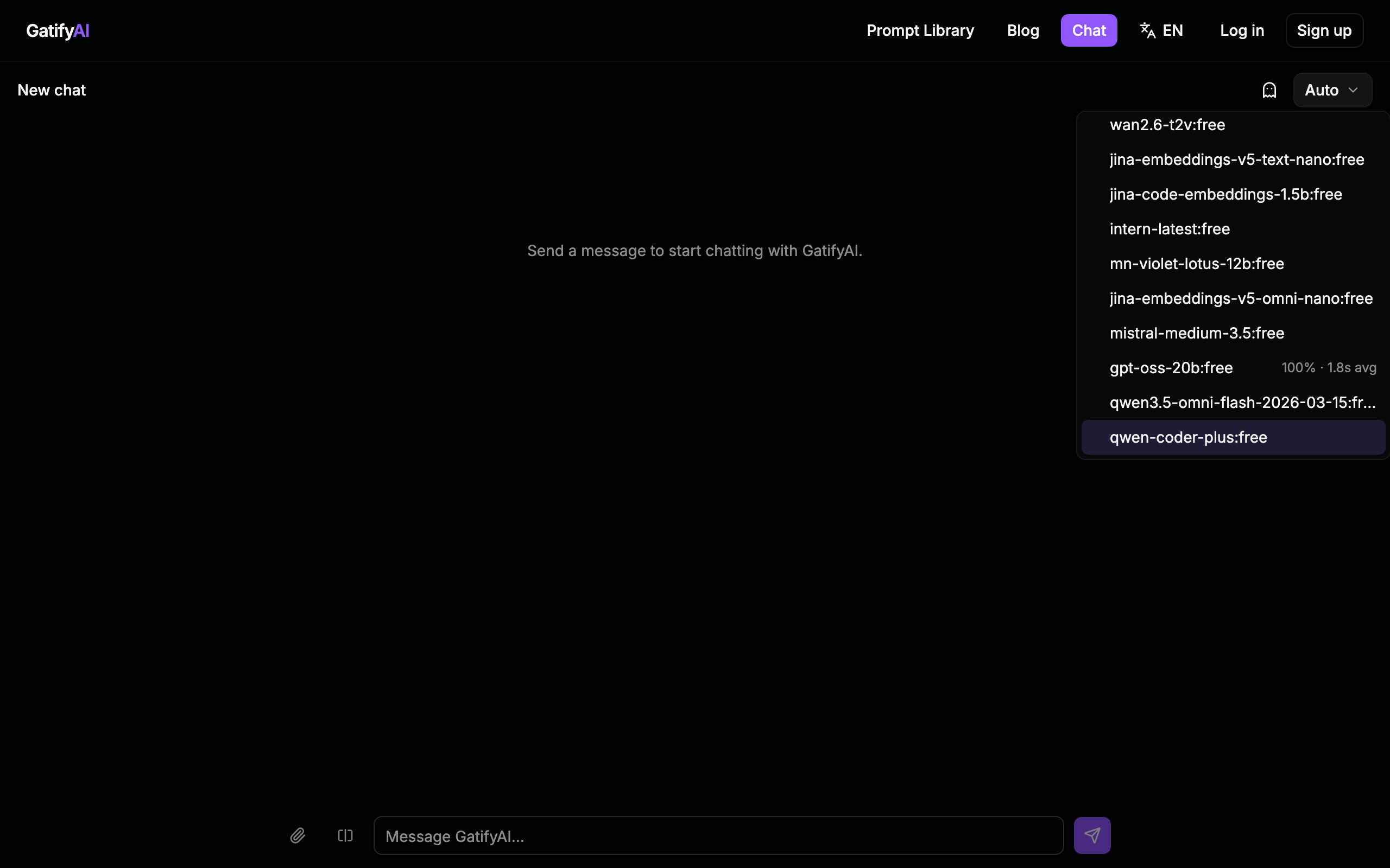 GatifyAI's model picker in the chat composer, scrolled through a long list of dozens of different free AI models