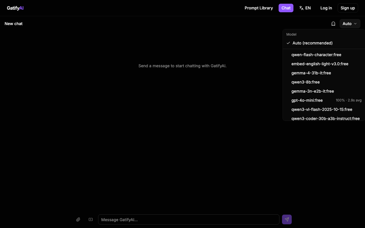 GatifyAI model picker open in the chat composer, showing "Auto (recommended)" at the top and a list of free models with live success-rate and latency stats
